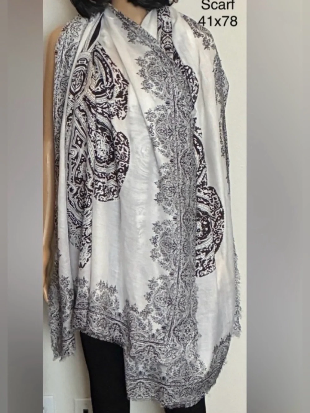 Brazen Black & White Rayon Scarf 41”x78” 100% Rayon Fringe Geo/Floral Print